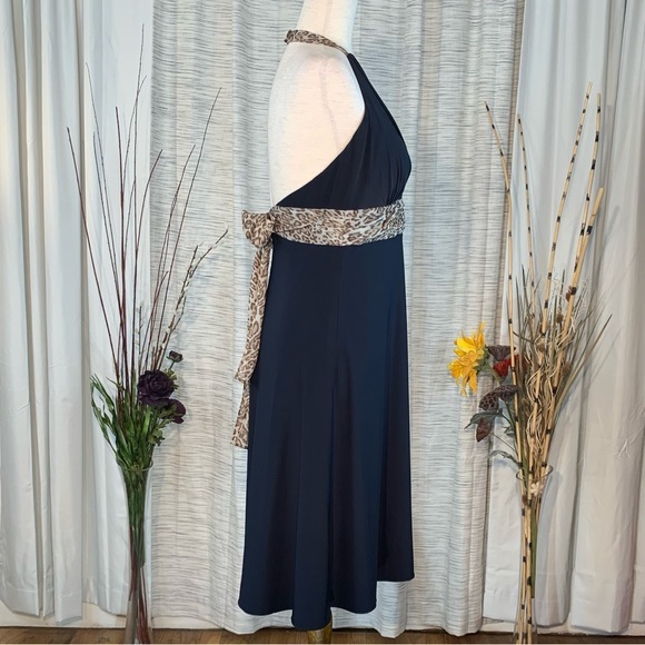 Phoebe Couture black and leopard print halter top A-line dress. - Picture 13 of 16